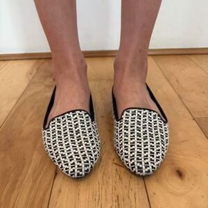 Birdies Black and White Woven Pointed-Toe Slip-Ons
